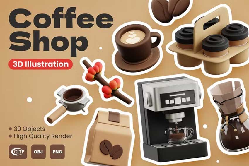 30款独特咖啡饮料配件3D插图图标Icons设计素材合集 Coffee Shop 3D Icon Pack插图