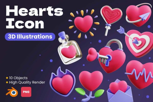 50款创意卡通有趣心形爱心插图3D图标Icons设计素材合集 Hearts 3D Icon Pack