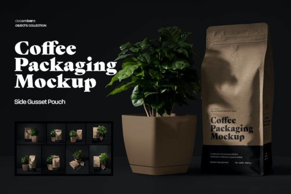 9款时尚食品零食咖啡自封自立拉链式包装袋外观设计PS展示贴图样机模板 9 Coffee Packaging Mockups with Arabica Tree