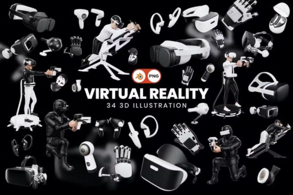 34款互联网科技VR虚拟现实游戏3D图标Icons设计素材合集 Virtual Reality 3D Illustration Pack