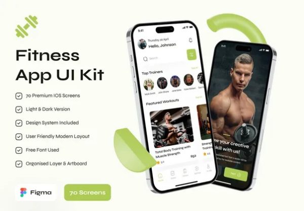 70屏高级运动健身锻炼APP软件界面设计Figma模板素材套件 Fitness & Workout App UI Kit