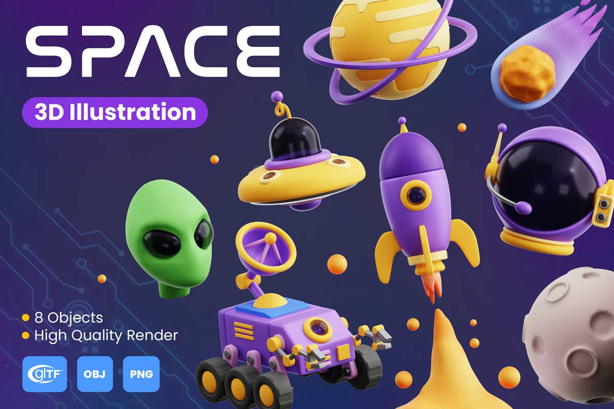 32款高级卡通创意太空宇宙行星飞船3D图标Icons设计素材合集 Space 3D Icon Pack插图3