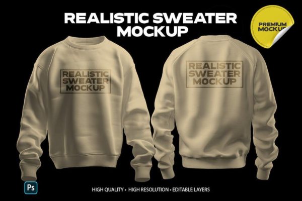 逼真超大男士圆领卫衣印花图案设计展示效果图PSD样机模板 Sweater Mockup