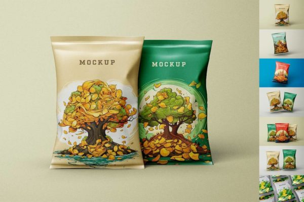 8款时尚食品小零食薯片包装塑料袋设计PS展示贴图样机模板 Chips Package Mockup