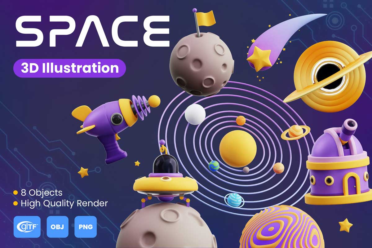 32款高级卡通创意太空宇宙行星飞船3D图标Icons设计素材合集 Space 3D Icon Pack插图