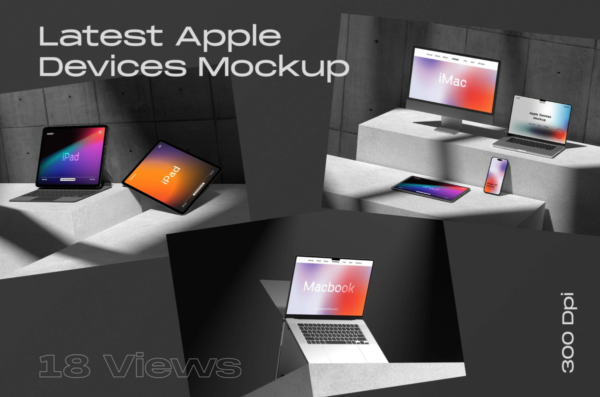 18款时尚混凝土场景苹果iPhone手机Macbook笔记本电脑数码产品PSD样机 Apple Devices Mockup Collection