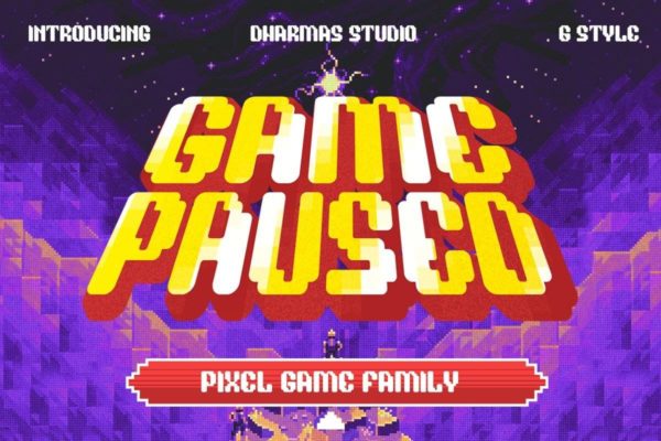 未来复古怀旧像素风Y2K游戏LOGO标题设计PSAI英文字体安装包 Game Paused – Pixel Game Family