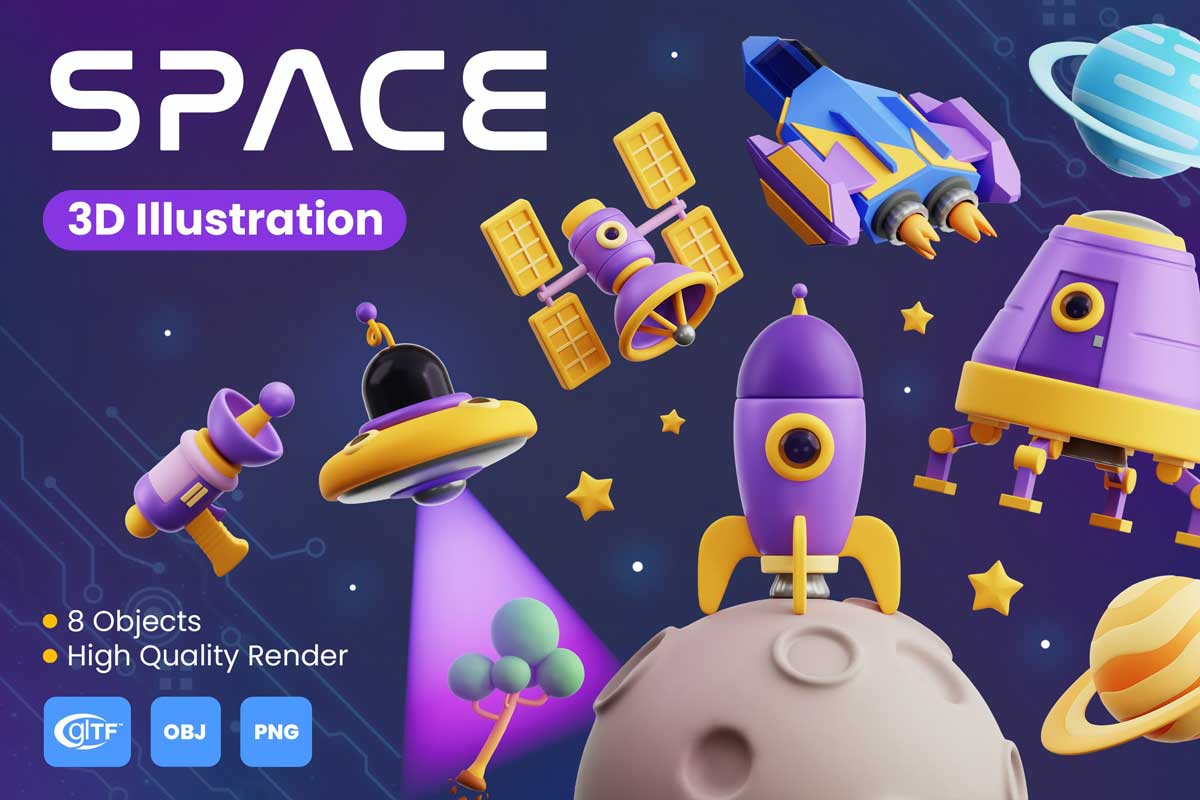 32款高级卡通创意太空宇宙行星飞船3D图标Icons设计素材合集 Space 3D Icon Pack插图1