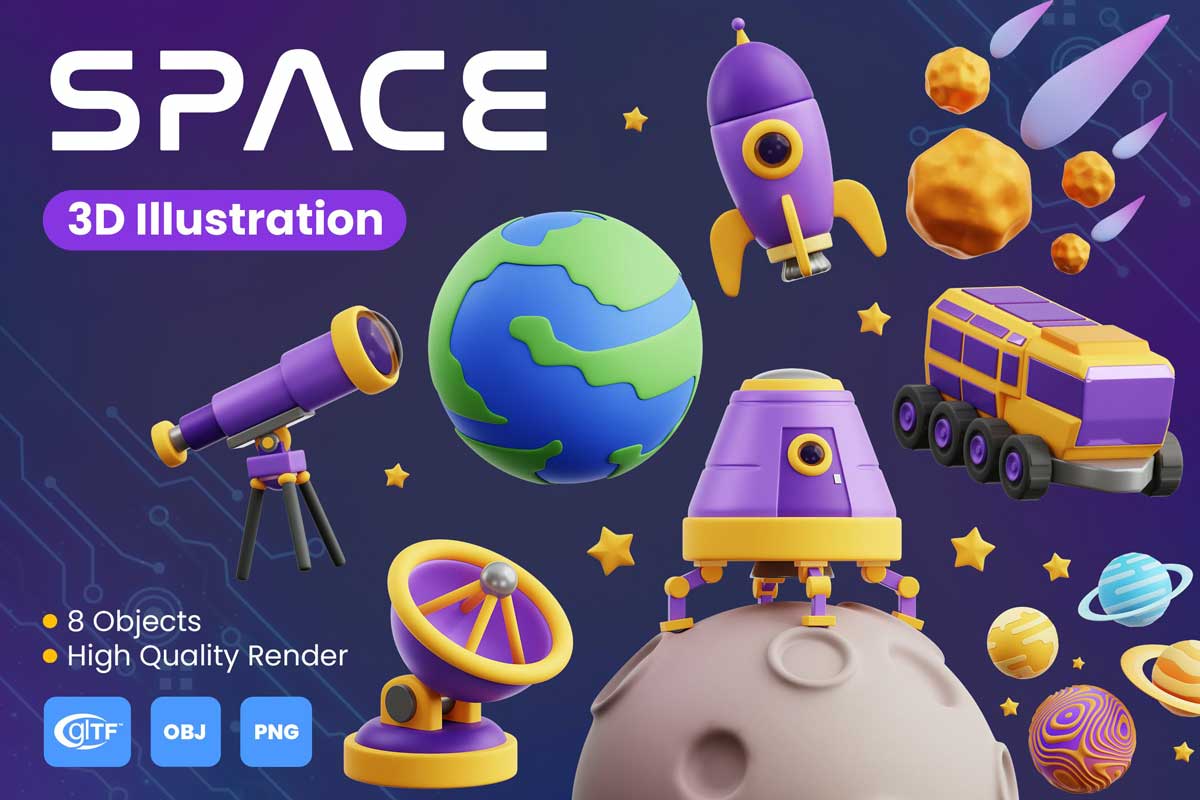 32款高级卡通创意太空宇宙行星飞船3D图标Icons设计素材合集 Space 3D Icon Pack插图2