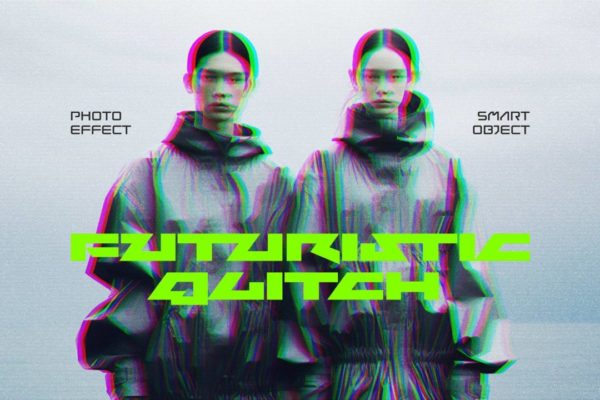 未来科幻赛博朋克故障失真错位位移照片修图PS特效样机模板 Futuristic Glitch Photo Effect