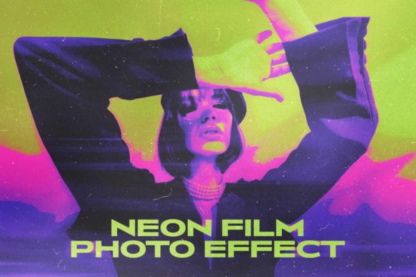 潮流老式霓虹划痕杂点效果照片图片修图PS特效样机设计素材 Neon Film Photo Effect