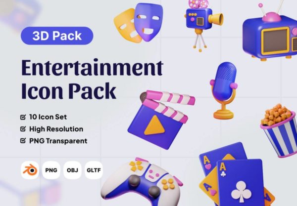 10款高级影视娱乐卡拉OK唱歌音乐3D插图图标Icons设计素材合集 Entertainment 3D Icon Pack