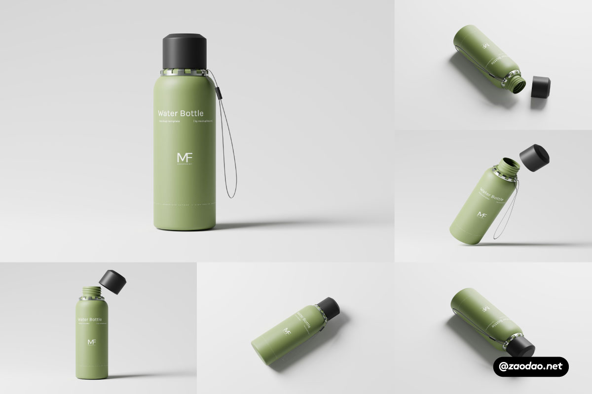 8款逼真哑光不锈钢保温水杯设计展示贴图PSD样机模板素材 Reusable Plastic Water Bottle Mockup插图