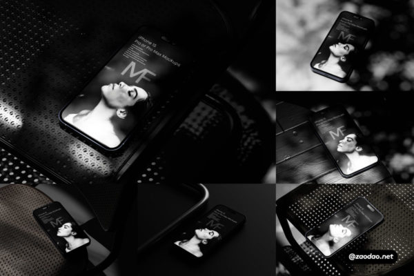 10款工业黑化风苹果手机iPhone 15UI界面设计作品集展示贴图PSD样机模板 iPhone 15 Dark Shadowy Mockups
