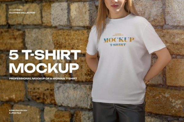 5款时尚户外女式半袖T恤印花图案设计展示效果图PSD样机模板 5 Mockups T-Shirt on a Girl in the Outdoor