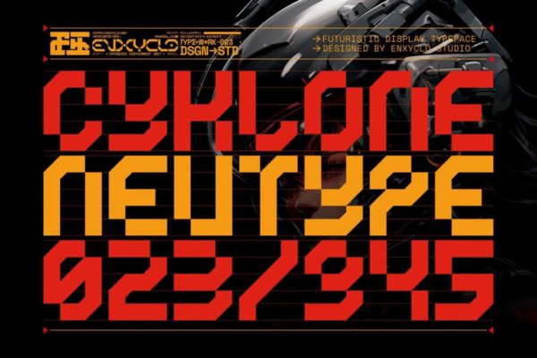 未来科幻赛博朋克机能机甲游戏海报标题LOGO徽标设计PSAI英文字体安装包 CYKLONE – Cyberpunk Futuristic Font