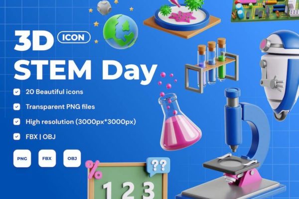 20款卡通质感生物科学实验3D插图图标Icons设计素材合集 STEM Day – 3D Icon Set