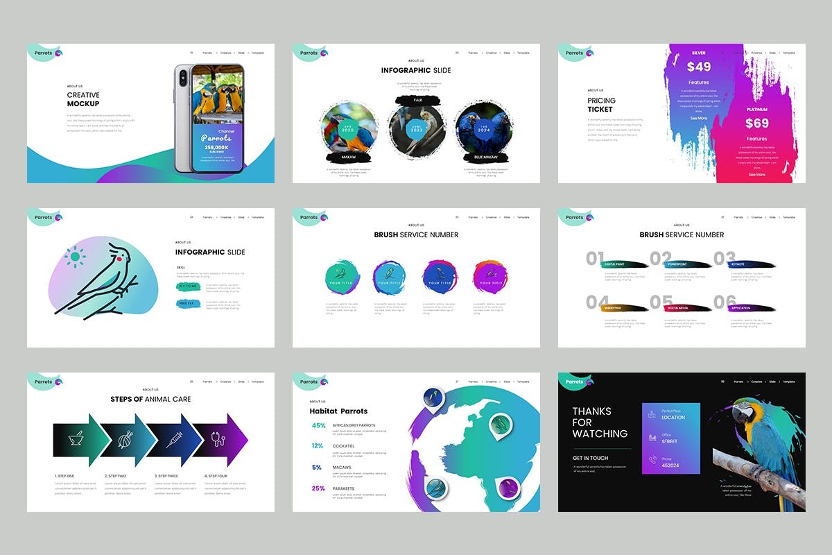 创意可爱企业营销策划图文排版设计ppt模版 Parrots PowerPoint Presentation插图3