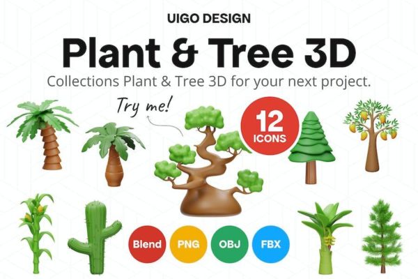 12款卡通创意植物树木3D插画图标Icons设计素材包 Tree And Plant 3D Icon