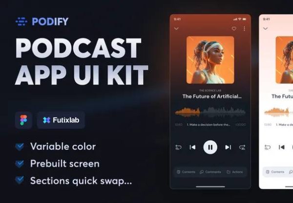 69屏双配色有声读物播客音频音乐内容媒体APP软件界面设计Figma模板 Podify – Podcast App UI Kit