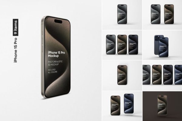 9款逼真苹果手机iPhone 15 Pro屏幕演示PSD样机模板素材 iPhone 15 Pro Mockup