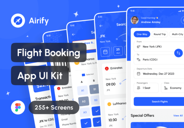 255+屏高质量航班机票车票在线购买预定APP软件界面设计Figma模板套件 Airify – Flight Booking App UI Kit