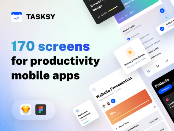 170屏时尚项目任务管理协作待办事项生产力效率APP界面设计SKETCH&FIGMA模板素材 Tasksy – UI kit for Productivity Mobile Apps