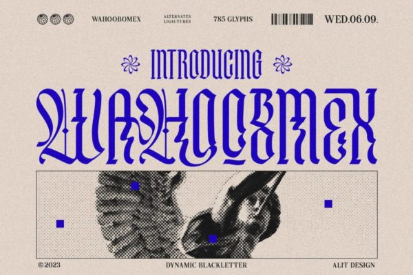 复古酸性中世纪哥特式海报杂志排版电音专辑封面标题设计PSAI英文字体安装包 Wahoobomex Dynamic Blackletter