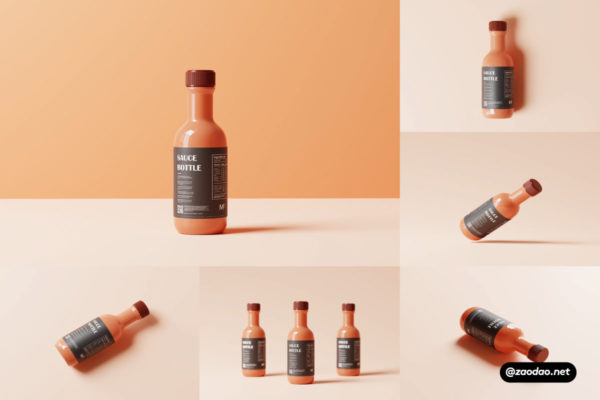 10款时尚番茄果酱果汁酱汁玻璃包装瓶贴纸设计展示效果图PSD样机模板 Sauce Bottle Mockup