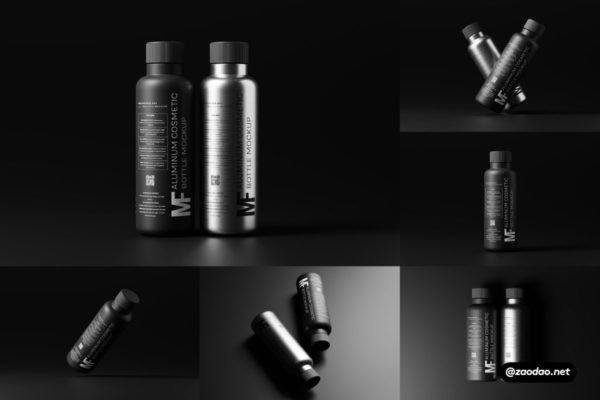 8款高级黑化风铝制化妆品包装瓶外观设计展示效果图PSD样机模板 Aluminium Cosmetic Bottle Duo Mockup