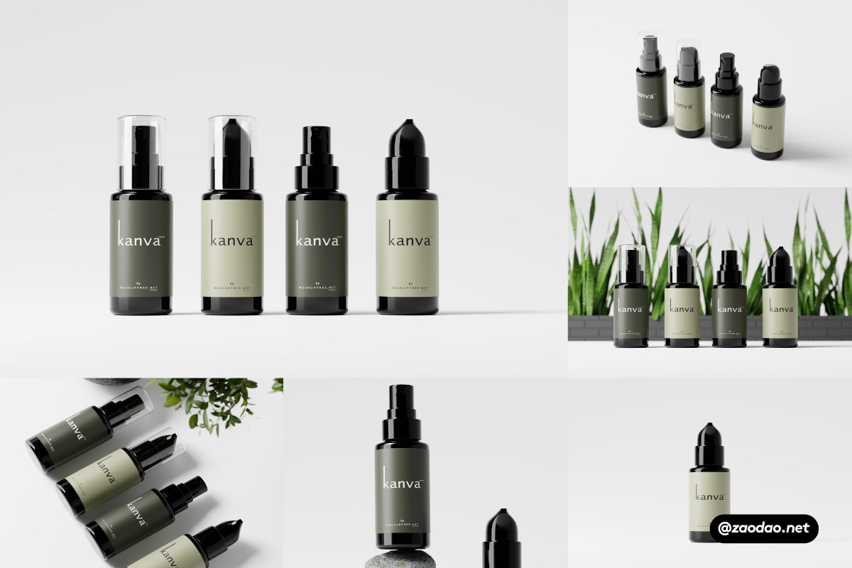 15款时尚化妆品喷雾瓶外观设计展示贴图PSD样机模板素材 Kanva – Cosmetic Bottle Mockup Set插图