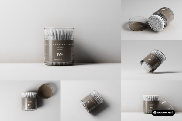 透明医用棉签塑料包装罐设计展示效果图PSD样机模板 Cotton Swab Packaging Mockups