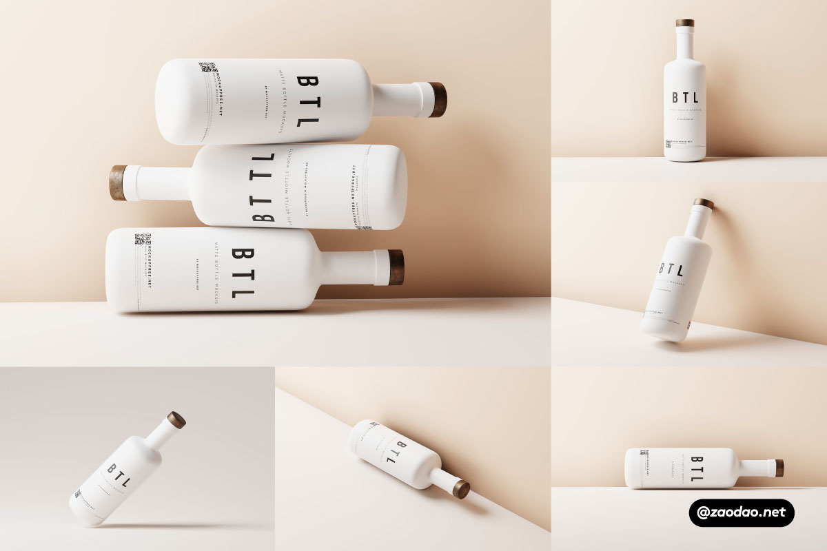 8款逼真白色陶瓷哑光酒瓶设计展示效果图PSD样机模板 White Matte Bottle Mockups插图