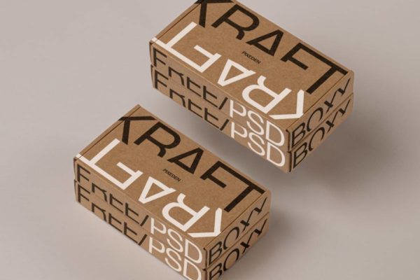 时尚牛皮纸产品包装纸盒外观设计展示贴图PSD样机模板 Kraft Psd Boxes Packaging Mockup