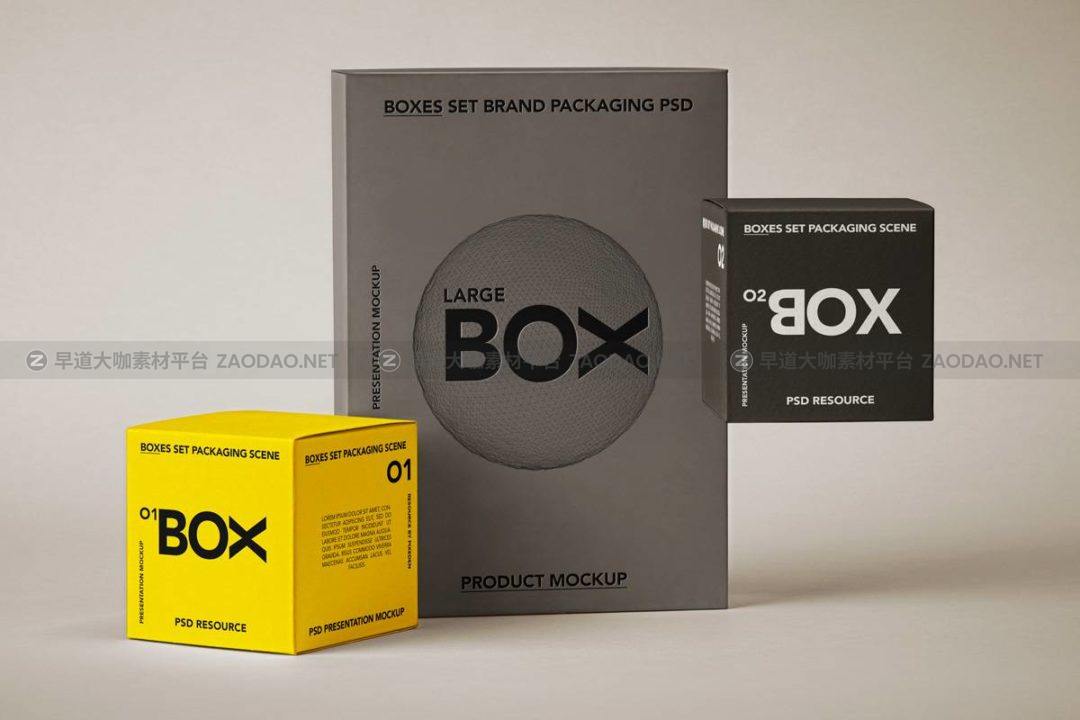 3款时尚方形产品包装纸盒设计展示效果图PSD样机模板 Packaging Boxes Psd Branding Mockup Set