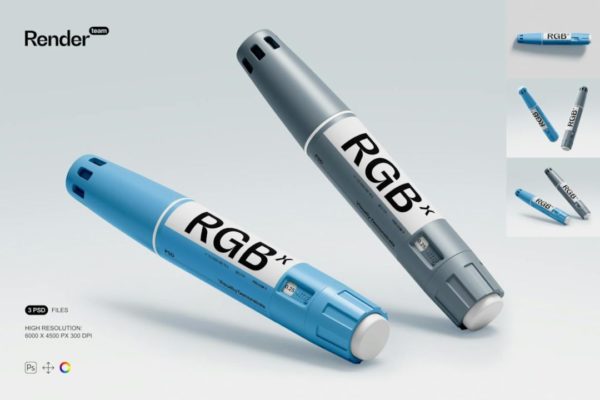 时尚逼真胰岛素笔医疗注射器设计展示效果图PSD样机模板 Insulin Pen Mockup
