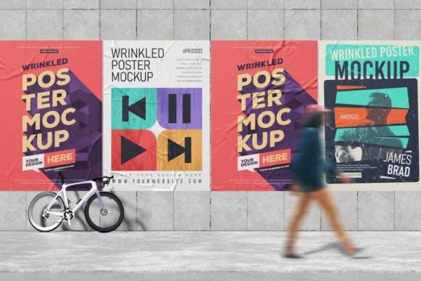 10款做旧城市街头墙面胶合褶皱海报招贴设计展示效果图PSD样机模板 Wrinkled Poster Mockup