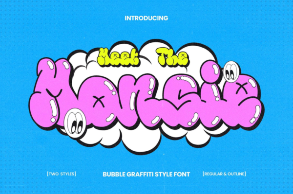 复古Y2K风手绘涂鸦气泡泡泡卡通海报电影杂志标题徽标设计英文字体 Monsie – Bubble Graffiti Font