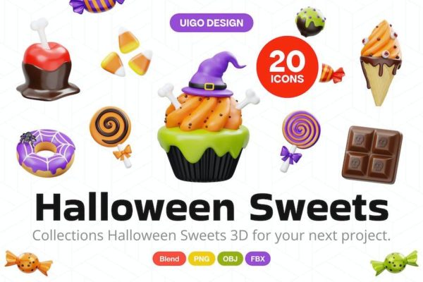 20款卡通万圣节糖果糕点巧克力插图3D图标Icons设计素材 Halloween Sweet Candy Food 3D Icon