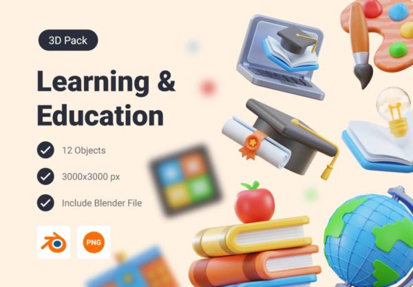 36款高级卡通学校教育知识研究学习插图3D图标Icons设计素材包 School Education & Learning 3D Icon Pack