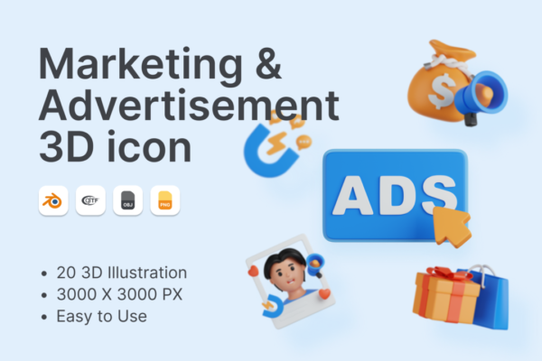 20款时尚电商网络广告营销3D立体图标Icons设计素材包 Marketing & Advertisement 3D Icons