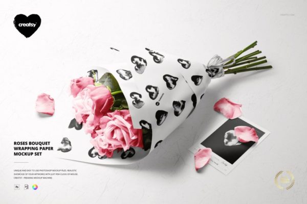 时尚高级玫瑰花花卉花束礼物包装纸印花设计展示贴图PS样机模板 Roses Bouquet Wrapping Paper Mockup Set