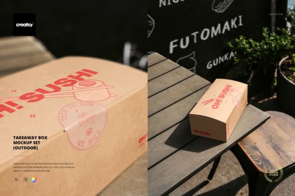 6款时尚炸鸡食品外卖包装纸盒外观设计展示效果图PSD样机模板 Takeaway Box Mockup Set (outdoor)