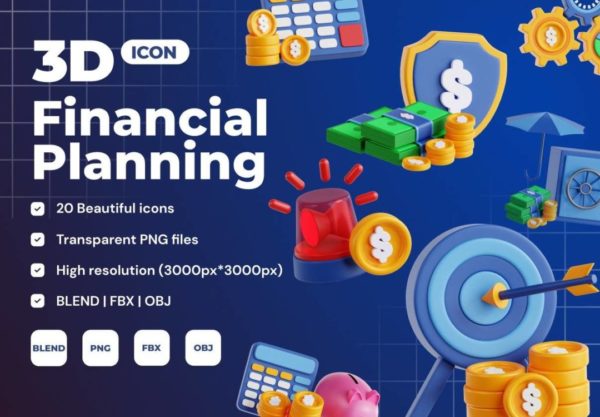 20款高级质感财务规划银行理财金融插图插画3D图标Icons设计素材合集 Financial Planning 3D Icon Set