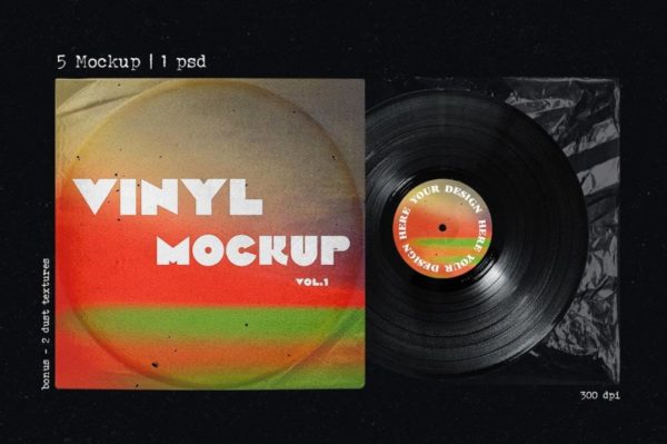 复古黑胶唱片包装纸袋设计展示贴图PSD样机模板 Vinyl record retro mockup