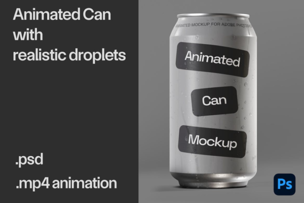 逼真水滴流动听装啤酒苏打水金属易拉罐锡罐设计展示贴图PSD样机模板 Animated Can Mockup 02