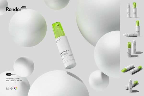7款时尚化妆品泵瓶包装瓶设计展示效果图PSD样机模板 Pump Bottle Mockup Set