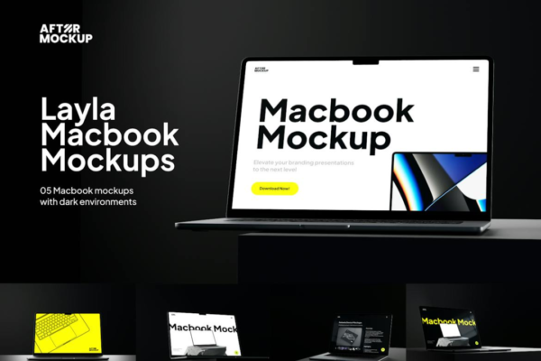 5款工业风暗黑苹果MacBook笔记本电脑屏幕演示贴图效果图PSD样机模板 Layla Macbook Mockups