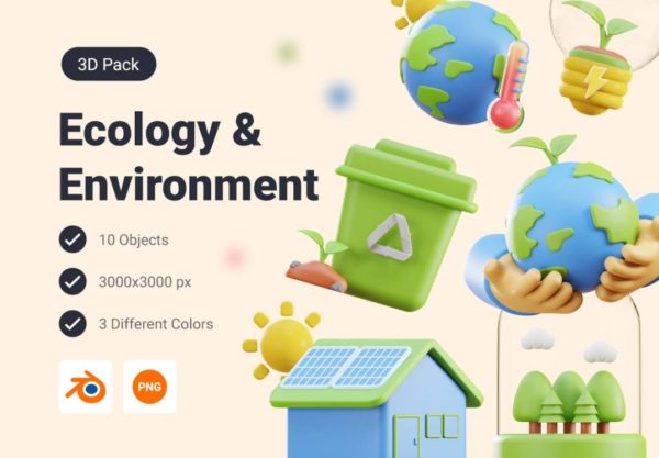 10款高级新能源绿色生态保护3D立体图标Icons设计素材包 Ecology & Environment 3D Icon Pack