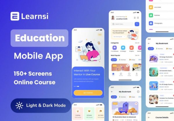 150+高质量在线教育课程学习APP软件界面设计Figma模板套件 Learnsi – Education Mobile App Template